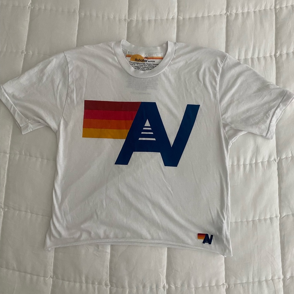 Womens Aviator Nation Boyfriend White Logo Tee